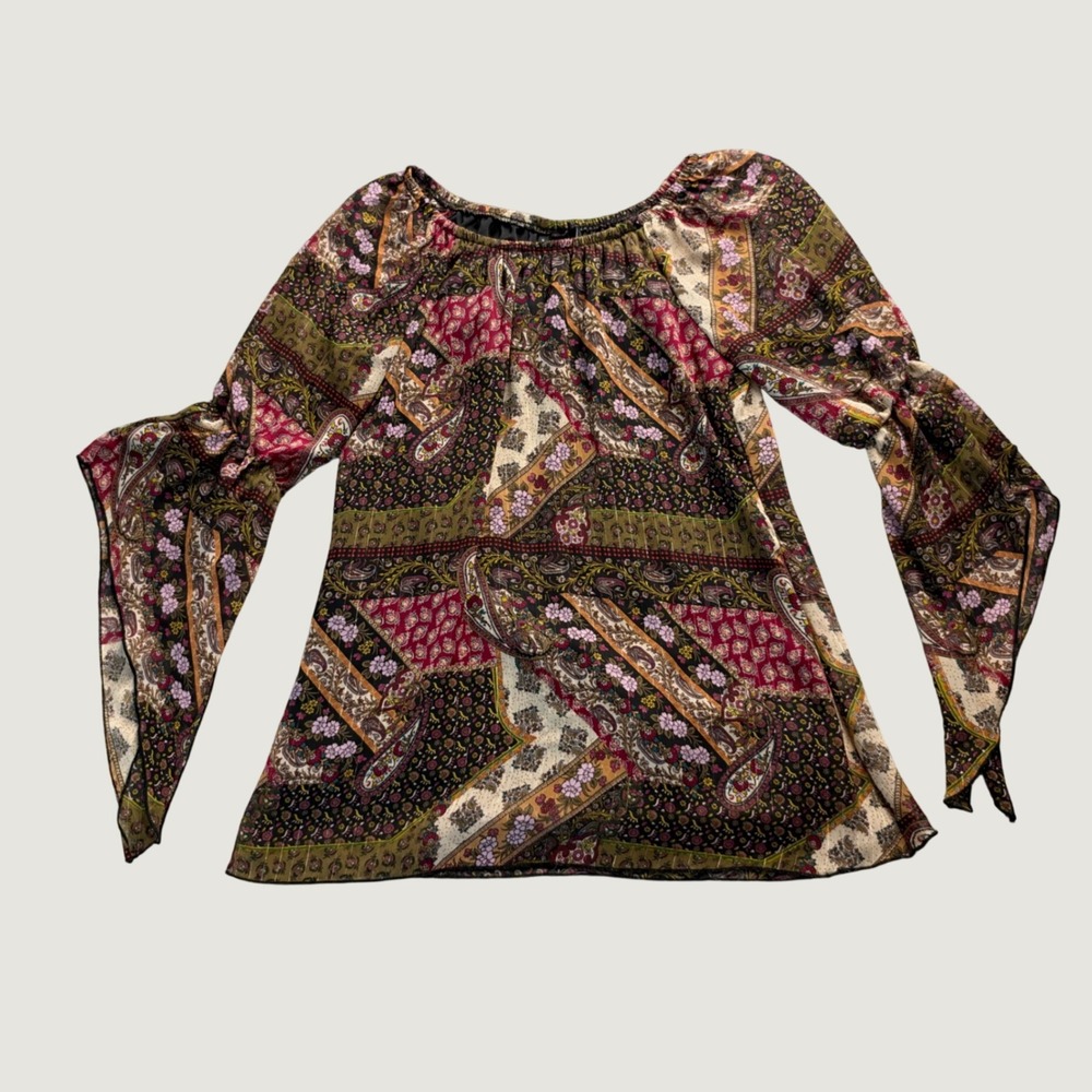 Paisley Blouse Small Boho Bell Sleeve Patchwork Chiffon Top Multi